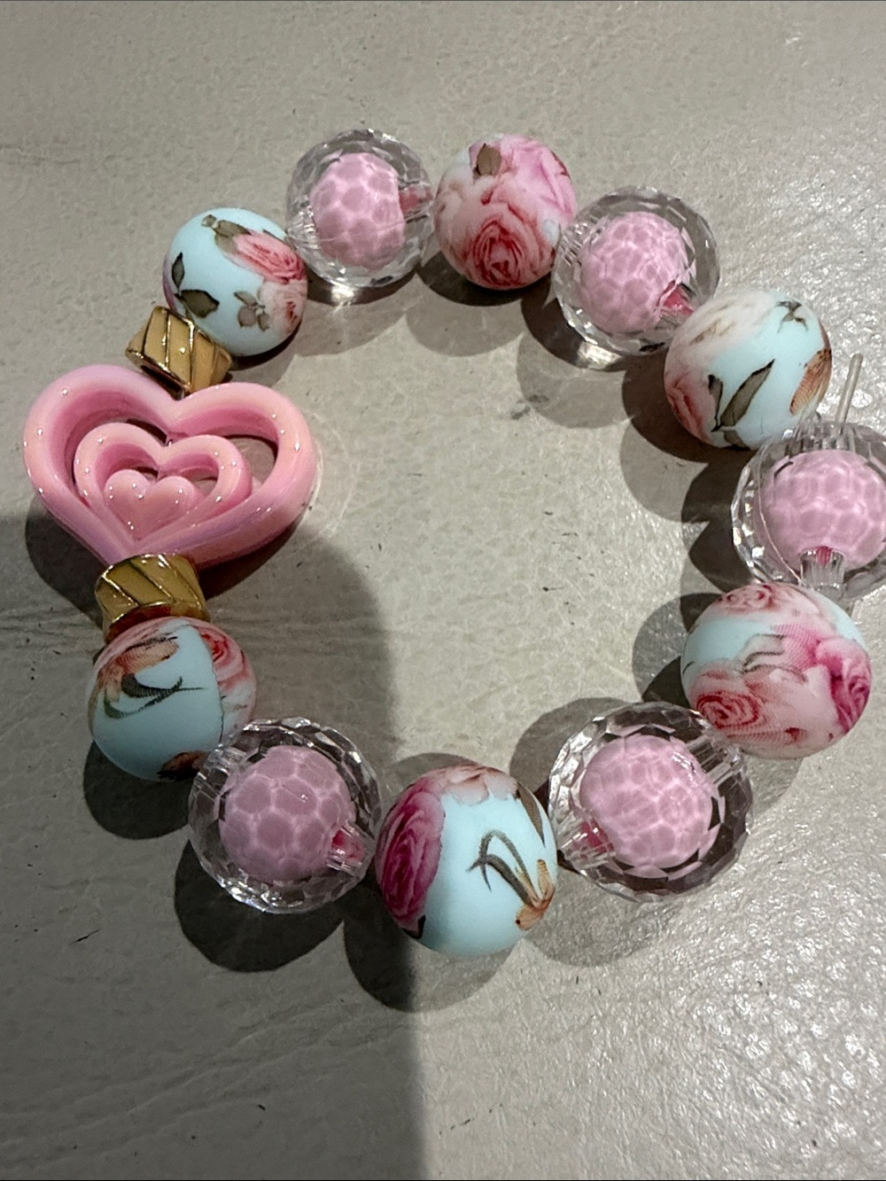 Women's Pink Heart Bead Bracelet with Floral Accents - Picture 2 of 2